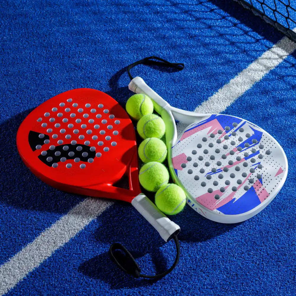 Two padel rackets with multiple balls placed on a blue court beside the net