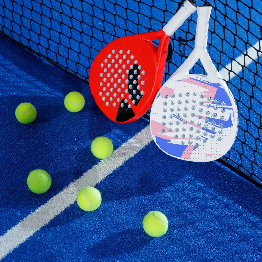 Two padel rackets and multiple balls placed beside the net on a blue court