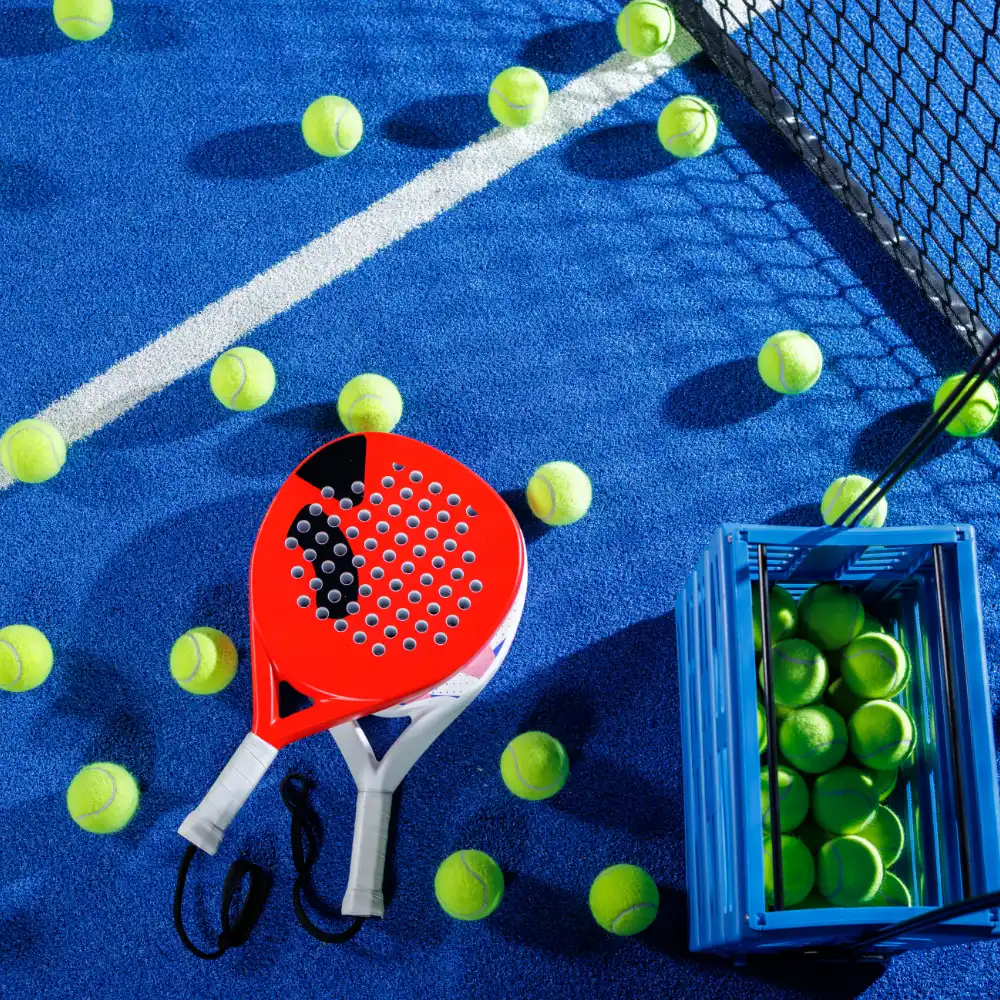 Padel racket, basket of balls, and scattered padel balls on a blue court